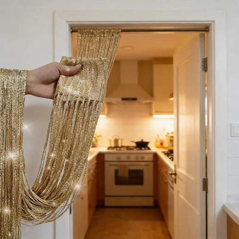 1 Piece Upgraded Rod Pocket Decorative Door Curtain, Bright Shiny Bohemian Vertical Tassel Curtain, Adjustable Vertical Blind for Wardrobe, Laundry Room, Window, Closet Partition, Linerless Pocket Design, All Season Home Decoration