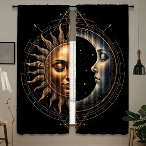 Set of Two, Bohemian-Style Curtains Featuring Sun And Moon Prints, Made of Polyester with a Rod Pocket Design That Allows Light to Filter Through. Suitable for Bedrooms, Living Rooms, And Offices, Blending Modern And Classic Aesthetics，rodless