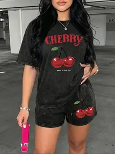 Women's Casual Two-Piece Set, Cherry Print Short Sleeve Shorts, Vintage Street Fashion, Perfect for Holidays, Travel, Beach, Surfing