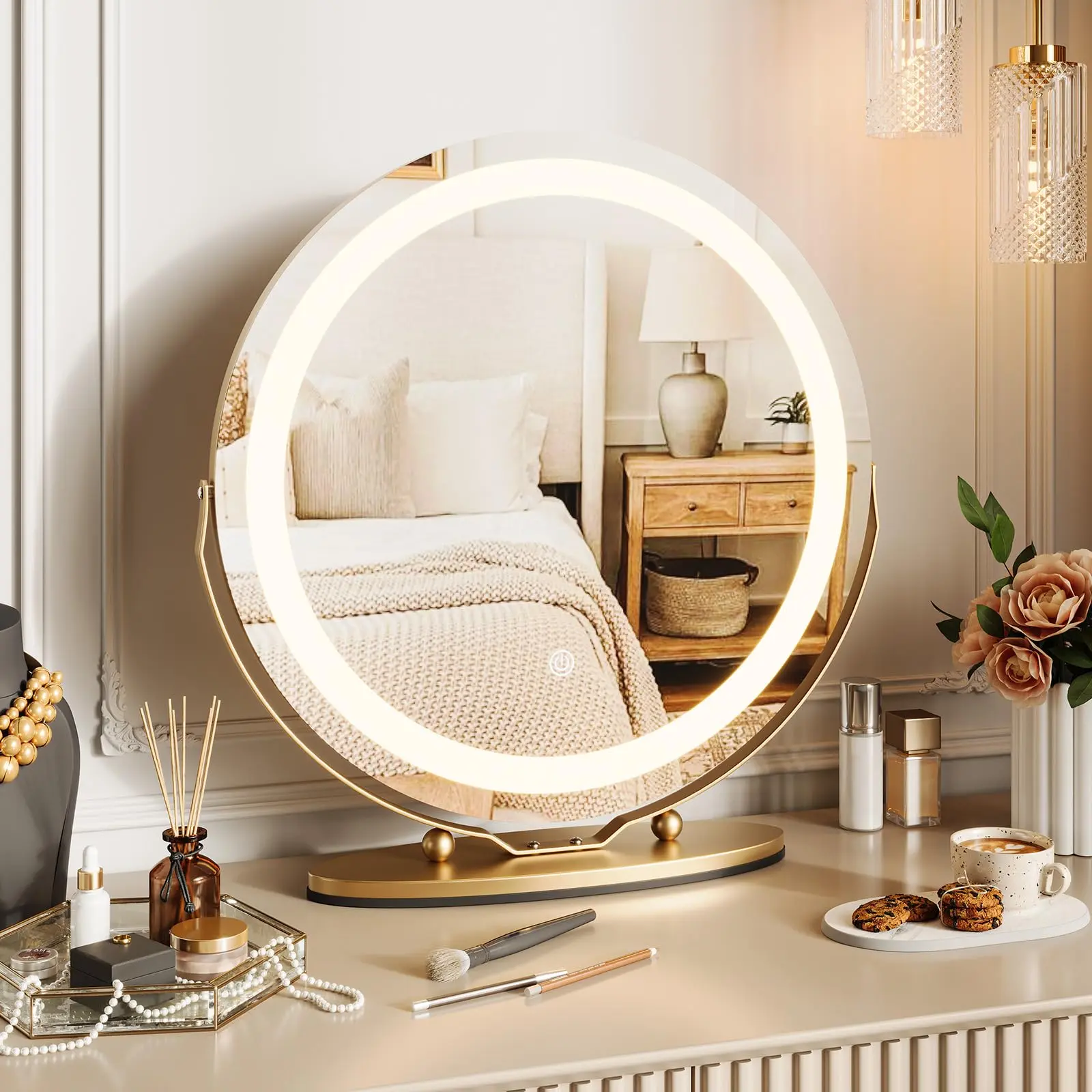 Garvee - 19 Inch Lighted Vanity Mirror, Large Round LED Mirror with 3-Color Adjustable Smart Touch, Touch Lighting, 360° Rotation for Dressing Room and Table