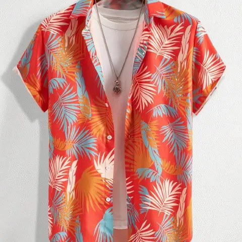 Men's Tropical Plants Print Shortsleeve Shirt, Casual Comfy Regular Fit Button Design Collared Top for Summer, Men's Clothes for Beach Vacation, Menswear, Hawaiian Shirt, Beach Club Shirt, Tropical Style