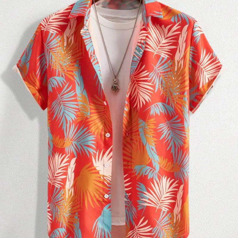 Men's Tropical Plants Print Shortsleeve Shirt, Casual Comfy Regular Fit Button Design Collared Top for Summer, Men's Clothes for Beach Vacation, Menswear, Hawaiian Shirt, Beach Club Shirt, Tropical Style
