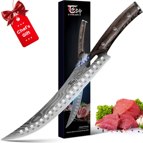 SYOKAMI 10.5 in High Carbon Japanese Style Butcher Cooking Knife - Razor Sharp, Ergonomic Full Tang Hygroscopic Handle, Gear Teeth, Damascus Pattern, Tapered Blade Tip, Triple Riveted - Gift Box for Adults (Thanksgiving, Christmas, Wedding, Birthday)