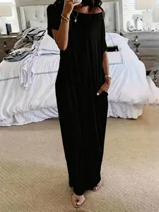 Women's Plus Size Summer Casual Basic Dress, Beach Vacation Home Wear, Loose Fit Short Sleeve Midi Dress with Pockets, Plain Style, Womenswear