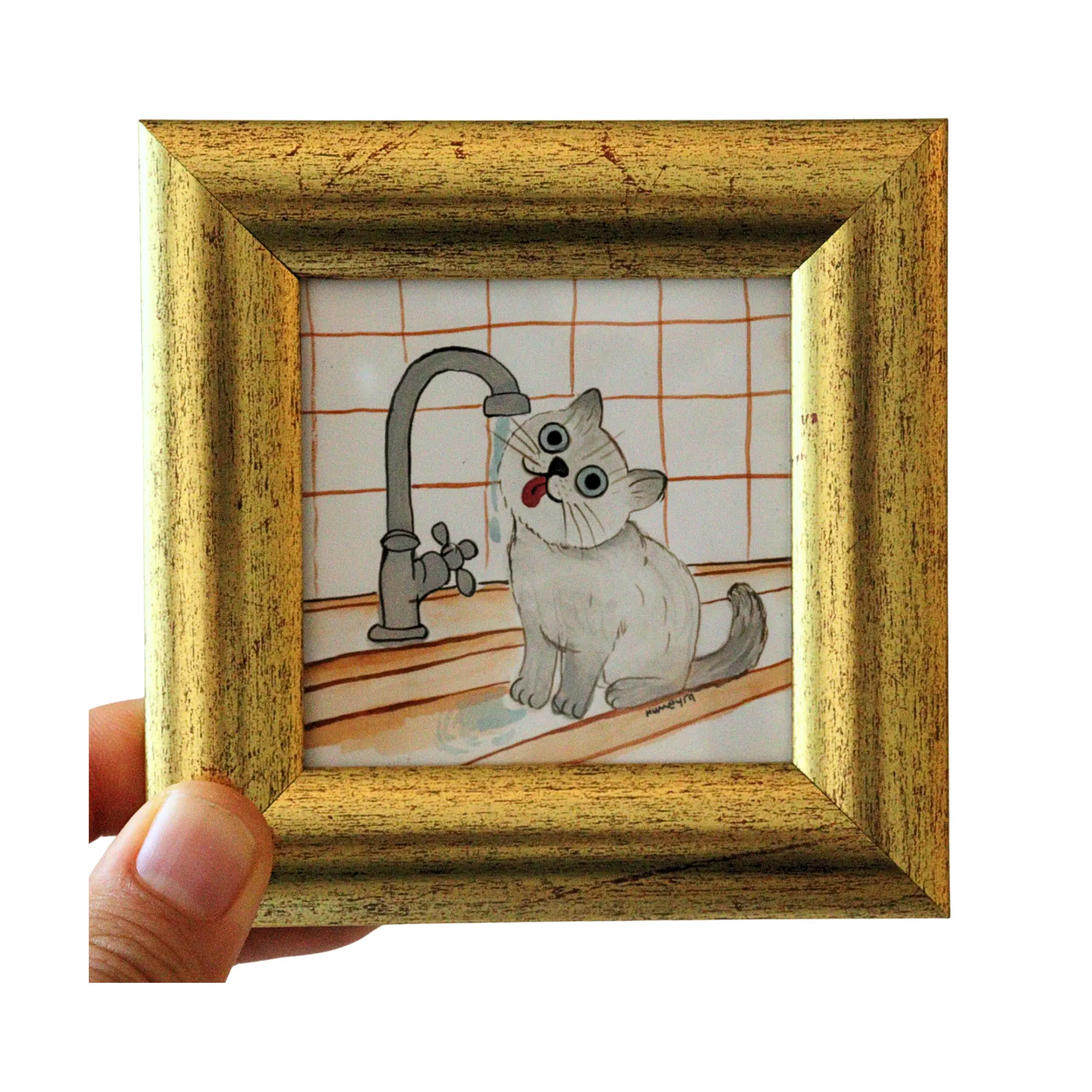Hand Painted Thirsty Cat Mini Painting 4x4 Gold Framed Original Art Cute Cat Wall Decor Unique Gift for Cat Lovers Ready to Display Small Whimsical Home Accent - Ornaments