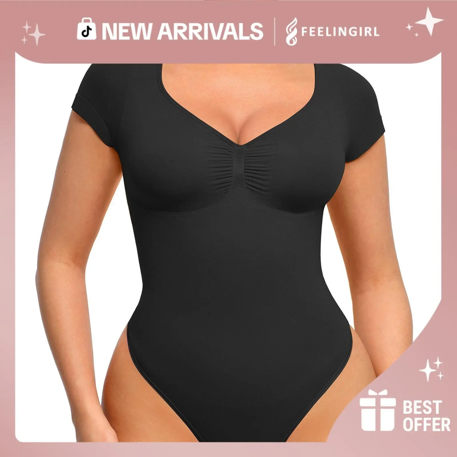 FeelinGirl Seamless short sleeve Thong Bodysuit Covered Bust Jumpsuit Fit Comfort Womenswear dealsforyoudays