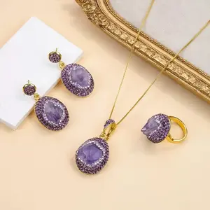 High Quality Amethyst Set for Adults - Includes Necklace Earrings and Ring with Purple Stones