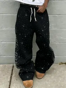 Men's American High Street Sparkle Starry Sky Print Wide Leg Pants, Drawstring Loose Fit Floor-Length Hip Hop Casual Trousers