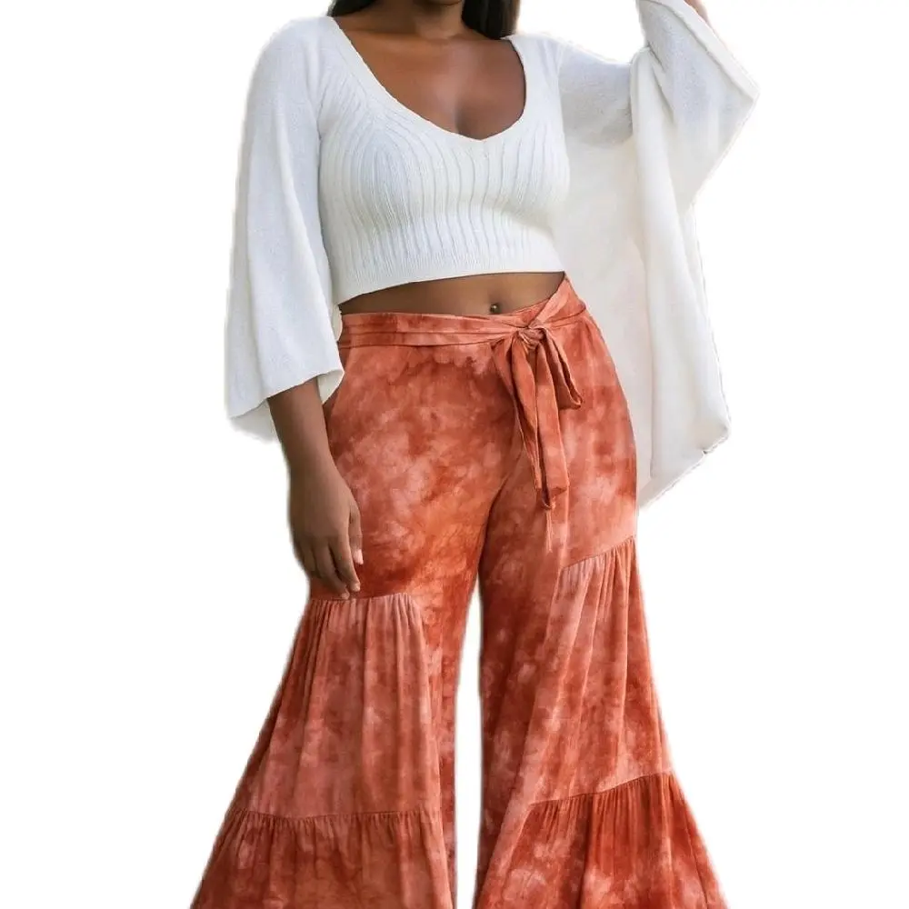 Sunset Swirl Wide-Leg Tie-Dye Pants Essential Style Hip High Waist Loose-Fitting Bohemian Trousers for All Seasons Boho Flowy Lightweight Belt Fabric Bottoms Women's Tiered Vibe Crop Top