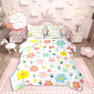 Cute Flower 7 Piece Bedding Set,Cartoon Floral Bed in a Bag,Yellow Pink Blossom Petal Comforter Set,with Sheets