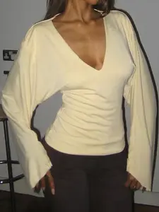 Elegant Women's Solid Color Long Sleeve T-Shirt, Sexy Deep V Neck Slim-Fit Top, Autumn Casual Daily Wear, Moderate Fabric, Summer Style