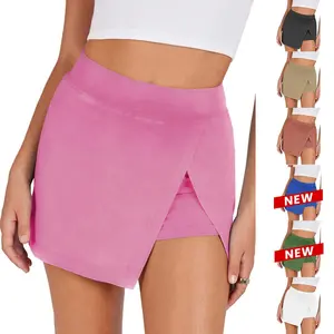 Ommig Women's Mini Skirt Stretchy Mid-Waist Side Slit Fitted Bodycon Short Skirt with Shorts Underneath