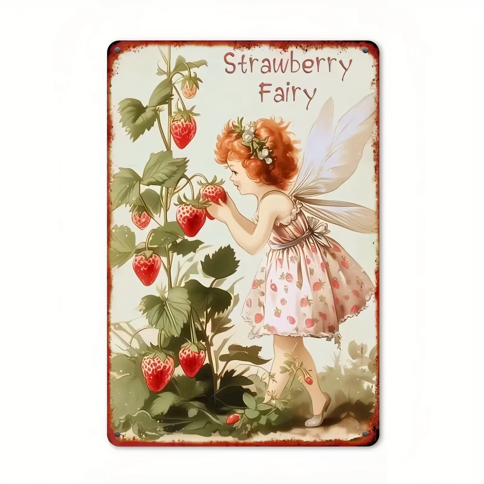 8x12 in Retro Vintage Strawberry Fairy Metal Tin Sign - Elegant Fairy Tale Home Supplies Decorative Wall Plaque with Red-Haired Winged Figure, Strawberry Plant, Distressed Look for Cottage Garden, Girls Bedroom, Rustic