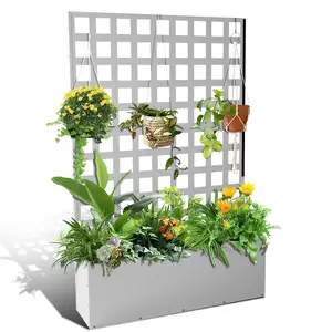 73" H x 47" W Metal Planter Box with Trellis, Outdoor Garden Box with Privacy Screen & Drainage Holes, Raised Garden Bed with Trellis & Wheels, Climbing Plants Flower Vegetable,White