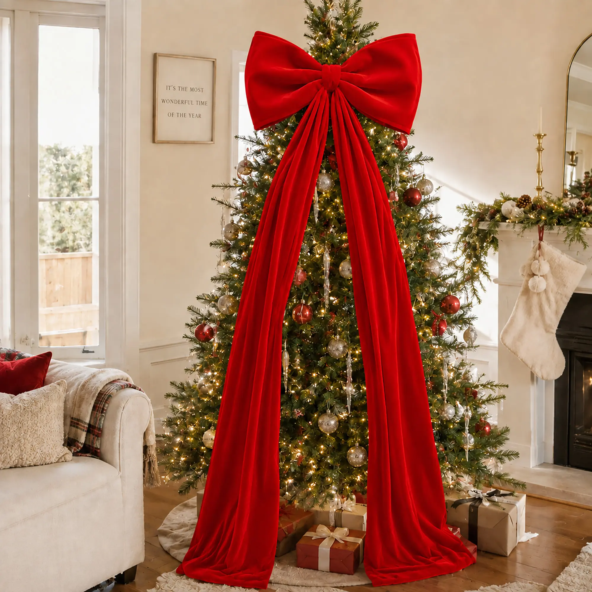 Senjie Oversized Red Velvet Christmas Bow, Giant Christmas Tree Topper with Long Tails, Large Bows for Front Door, Wreath, Mantel & Holiday Home Decor