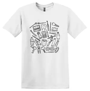 Women's Fitted Cotton T-Shirt - Dental Tool Doodles Graphic, Gift for Dentists & Dental Professionals