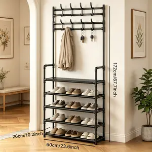 Five-layer three-in-one multifunctional metal shoe and hat rack - thickened support rods, multi-layer storage. Ideal for bedrooms and living rooms, perfect for storing shoes, bags, and miscellaneous items. Practical shoe storage and organizing rack
