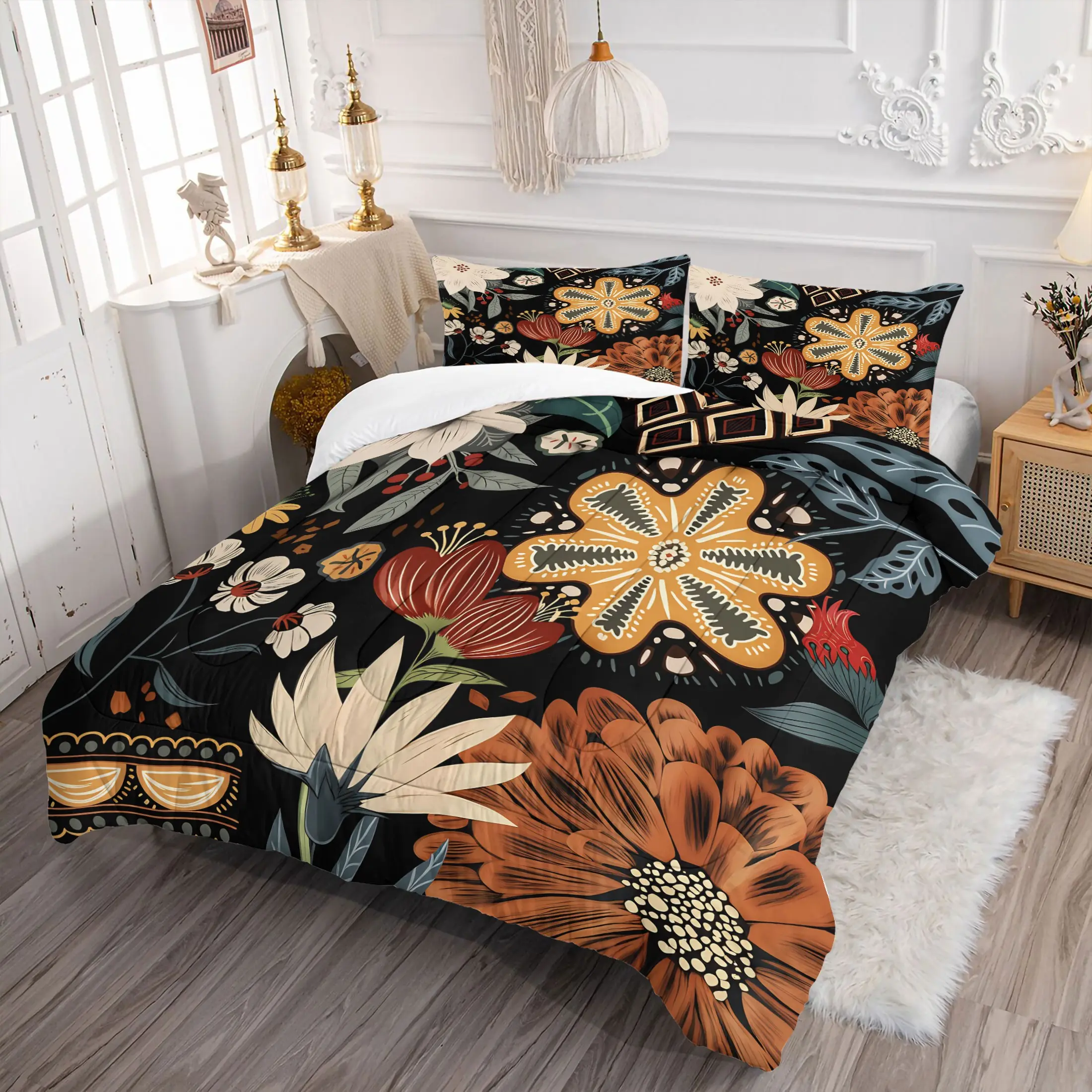 2/3Pcs Boho Floral Comforter Set, Farmhouse Botanical Western Style Quilt Bedding Set with Pillowcases, Soft Microfiber Flower Bedding for Women Adults Teens Bedroom Dorm, Rustic Farmhouse Aesthetic Home Decor