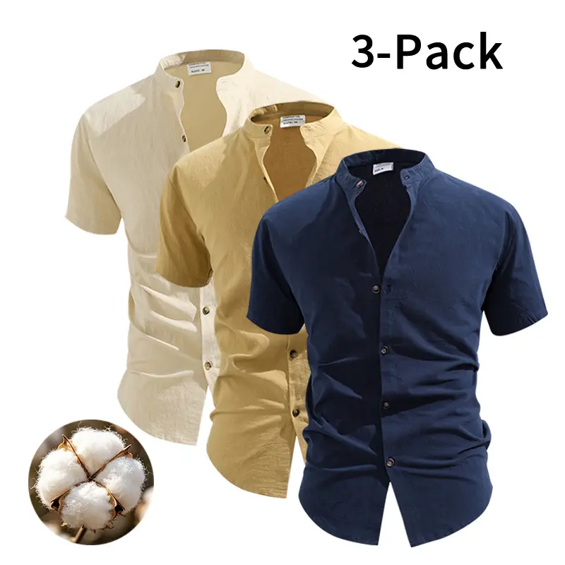 Men's 3-Pack 100% Cotton Short Sleeve Casual Shirts - Menswear Top, Lightweight, Breathable, Plain Stand Collar Button-Up Casual Soft Shirt, Shortsleeve, Mens Clothing, Pure Cotton, Button Front, Sexy, Chic