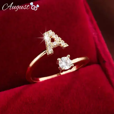 Women's Customizable Initial Round Cut Cubic Zirconia Open Ring - 26 Letter Options, Gold Front, Feminine Items for Women, GF Gift, Wedding Anniversary Ring, Daily Wear Costume Jewelry