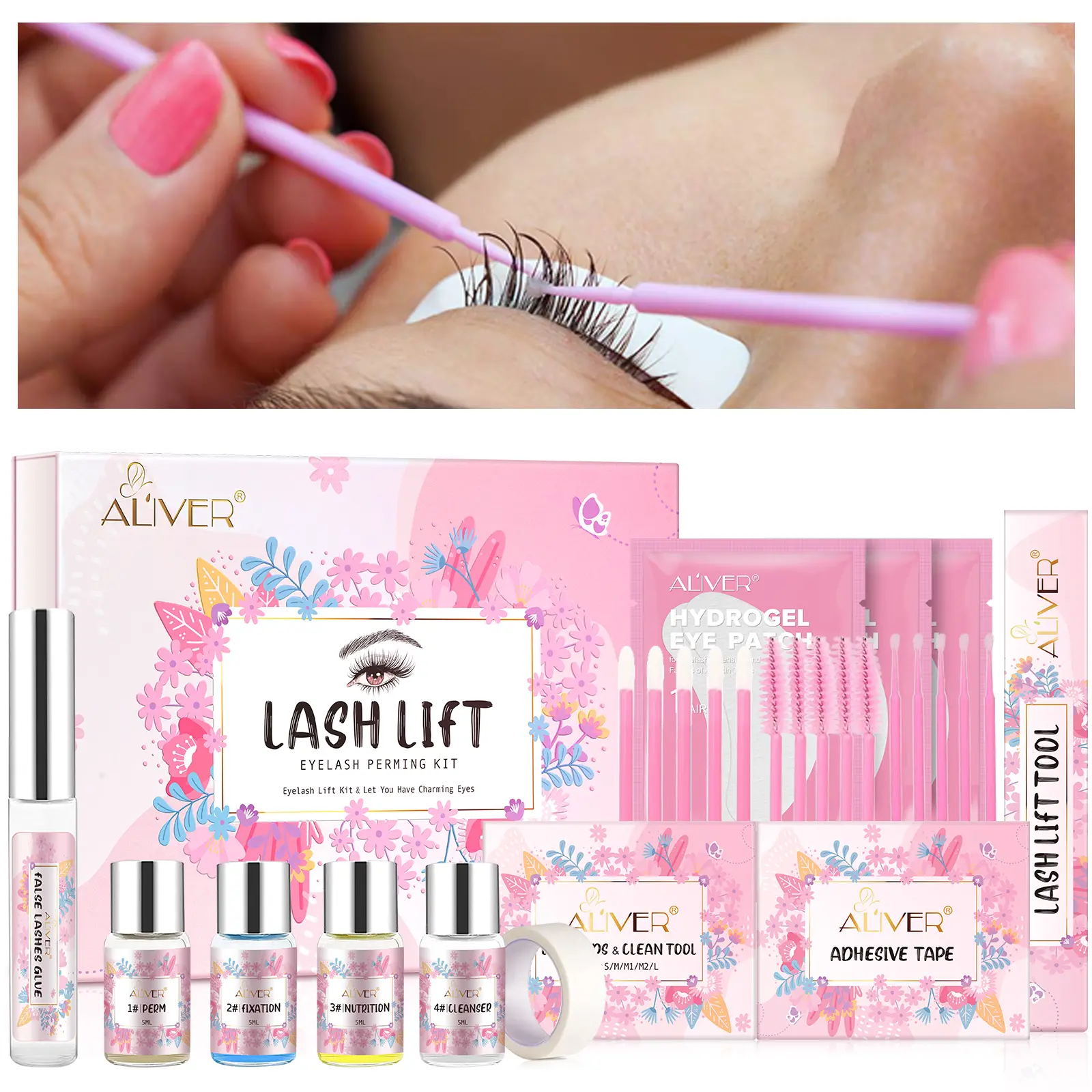 ALIVER Cosmetic Eyelash Perming & Shampoo Combo Pack - Salon-Grade Keratin-Rich Eyelash Tools, Low Irritant 100g Purified Water DIY Lashes Kit for Adults, Lash Lift at Home, Eye Shields, Pads, Accessories, Long-Lasting Results, Easy Cleaning, Video Guide,