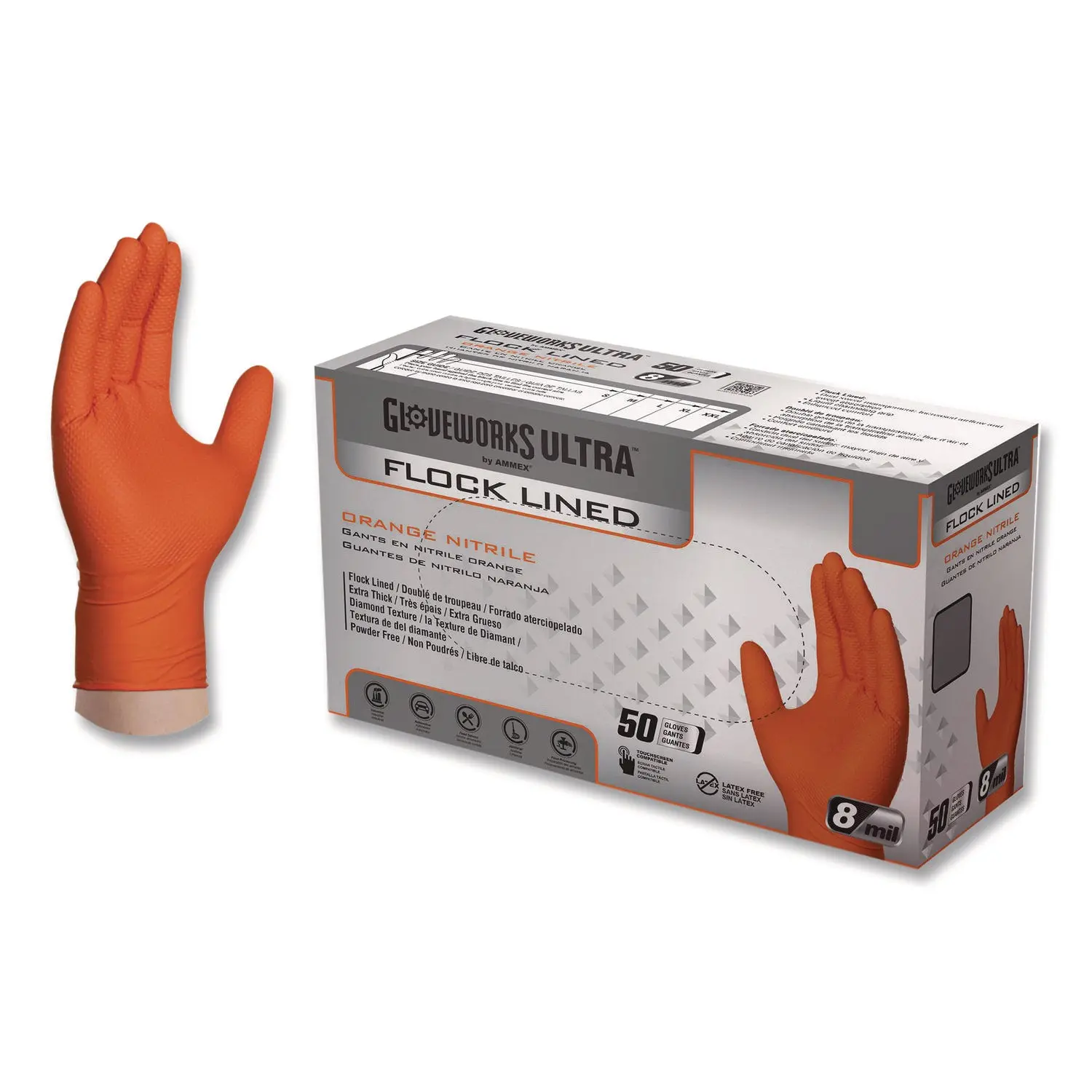 Gloveworks Ultra Flock Lined Orange Nitrile Gloves 8 mil