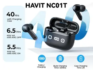 HAVIT NC01T Wireless Earbuds Noise Cancelling Bluetooth 5.4 Headphones with 4 ENC Mics 40H Playtime 7 EQs App LED Display In-Ear Design
