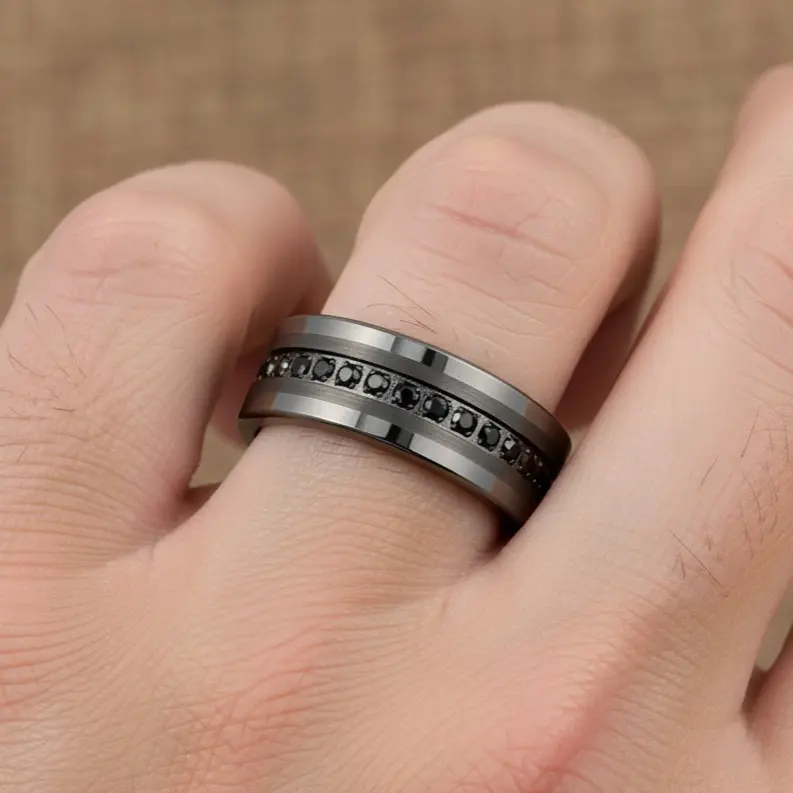 Gunmetal Wedding Ring, Men's Band, Gunmetal Tungsten Ring, Black CZ Inlay Band For Men, Gray Engagement Ring, Men's Ring For Valentine Gift, Comfort Fit Ring, Men’s Wedding Band, Engagement Ring, Unique Wedding Rings 8mm Ring