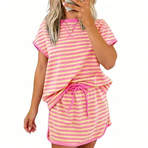 Asvivid Women's Stripe Loose Short Sleeve Top and Skirt Set Womenswear Summer Clothes Vacation Outfits Casual Two Piece Sets