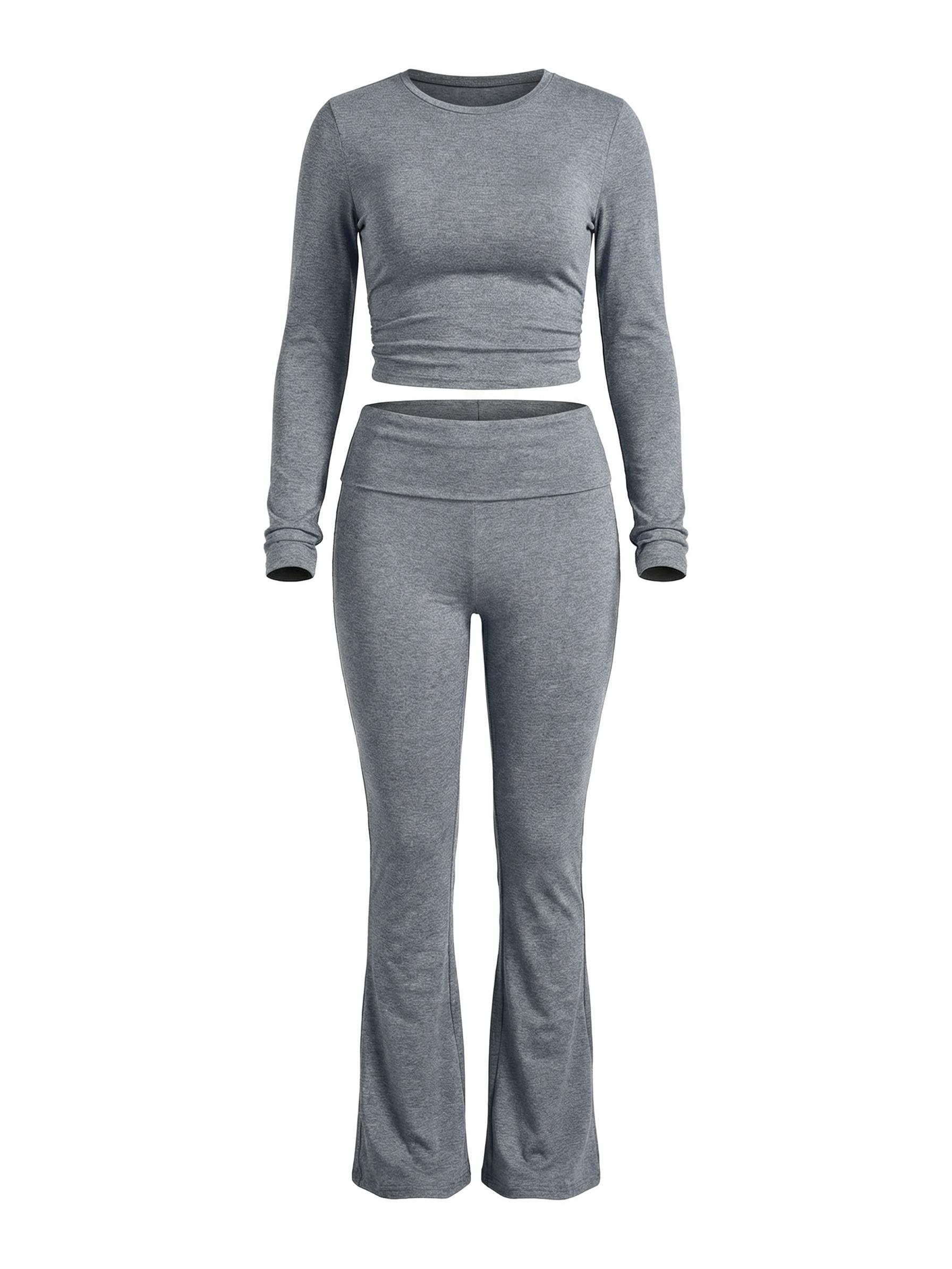 Heather Grey Flare Leggings Set 2 Piece Long Sleeve Crop Top Yoga Outfits for Women