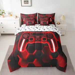 Gamer Bed Set,Includes Comforter,Sheet Set,Pillowcases & Pillow Covers,Gaming 7 Piece Bedding Set,Red and Black Game Console Bed in A Bag Breathable Duvet Set