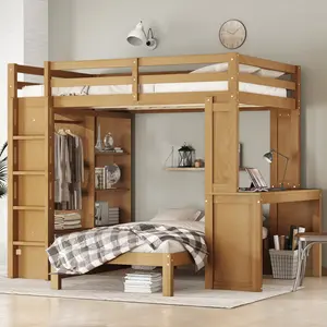 Bunk Bed Full/Full XL Over Twin Size with Desk, Storage, Solid Wood Bunk Bed with Shelves and Wardrobe, Full Size Loft Bed with a Stand-Alone Bed