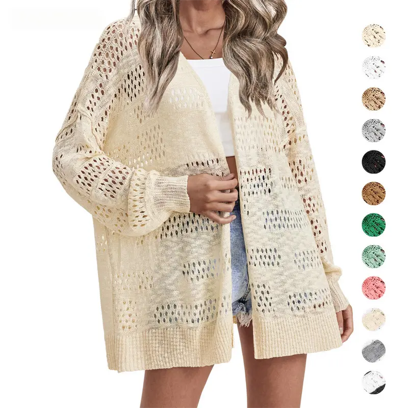 Women's Crochet Knit Cardigan - Long Sleeves, Lightweight, Open Front, Oversized, Summer Beach Casual Tops, Women's Knitwear