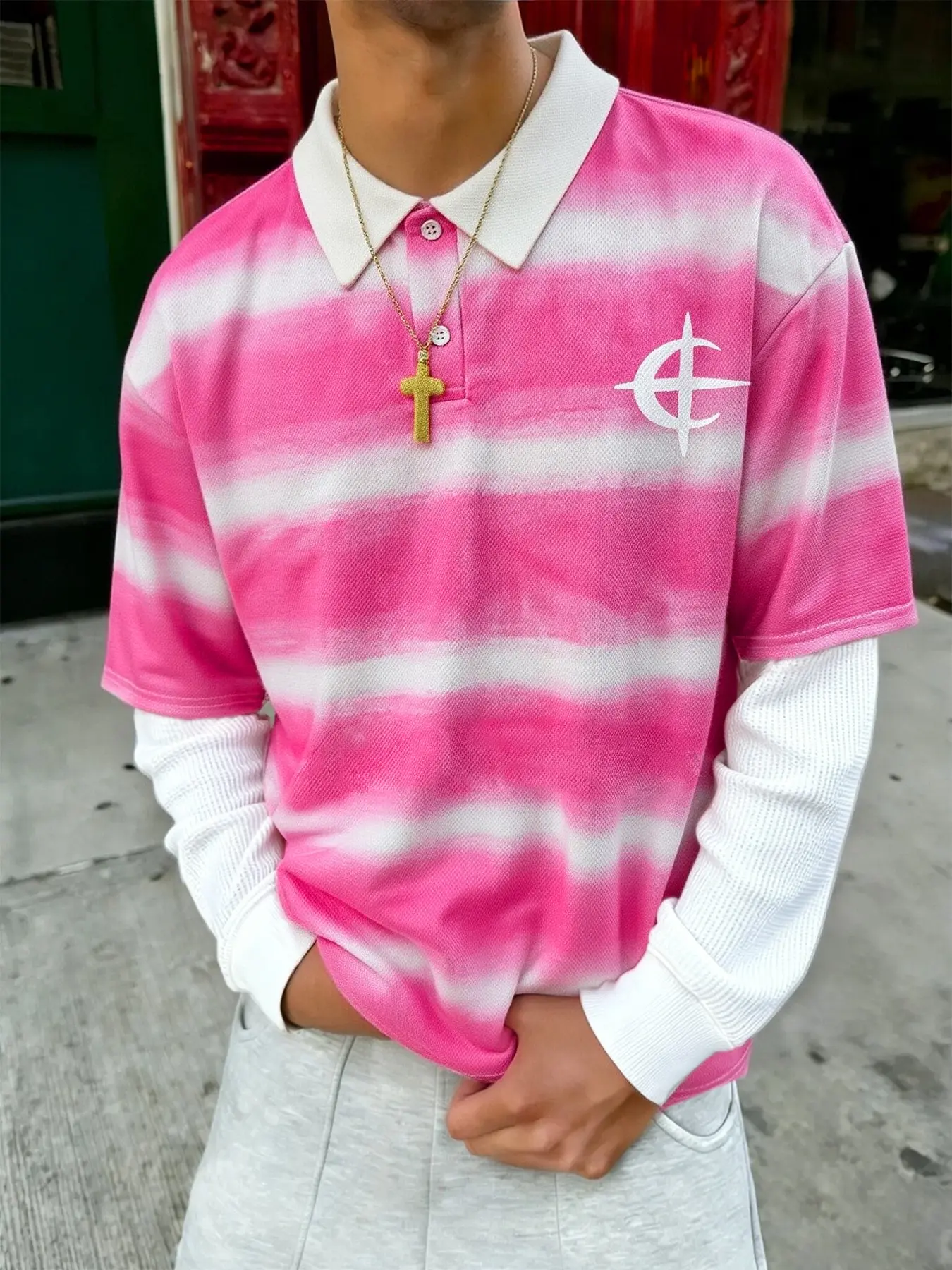Men's Pink Gradient Stripe Y2K Polo, Breathable Mesh Streetwear Rugby Shirt, Preppy Aesthetic Oversized Casual Top, Viral TikTok Summer Style, Striped Polo, Breathable Cool Polo, Breathable Polo Shirts