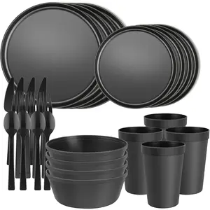 20 count Apartment Essentials Dinnerware Set, Stackable Space-Saving Plates & Large Flat Bowls (Pasta/Salad), Modern Matte Unbreakable Plastic Dishes, Microwave Safe, Black