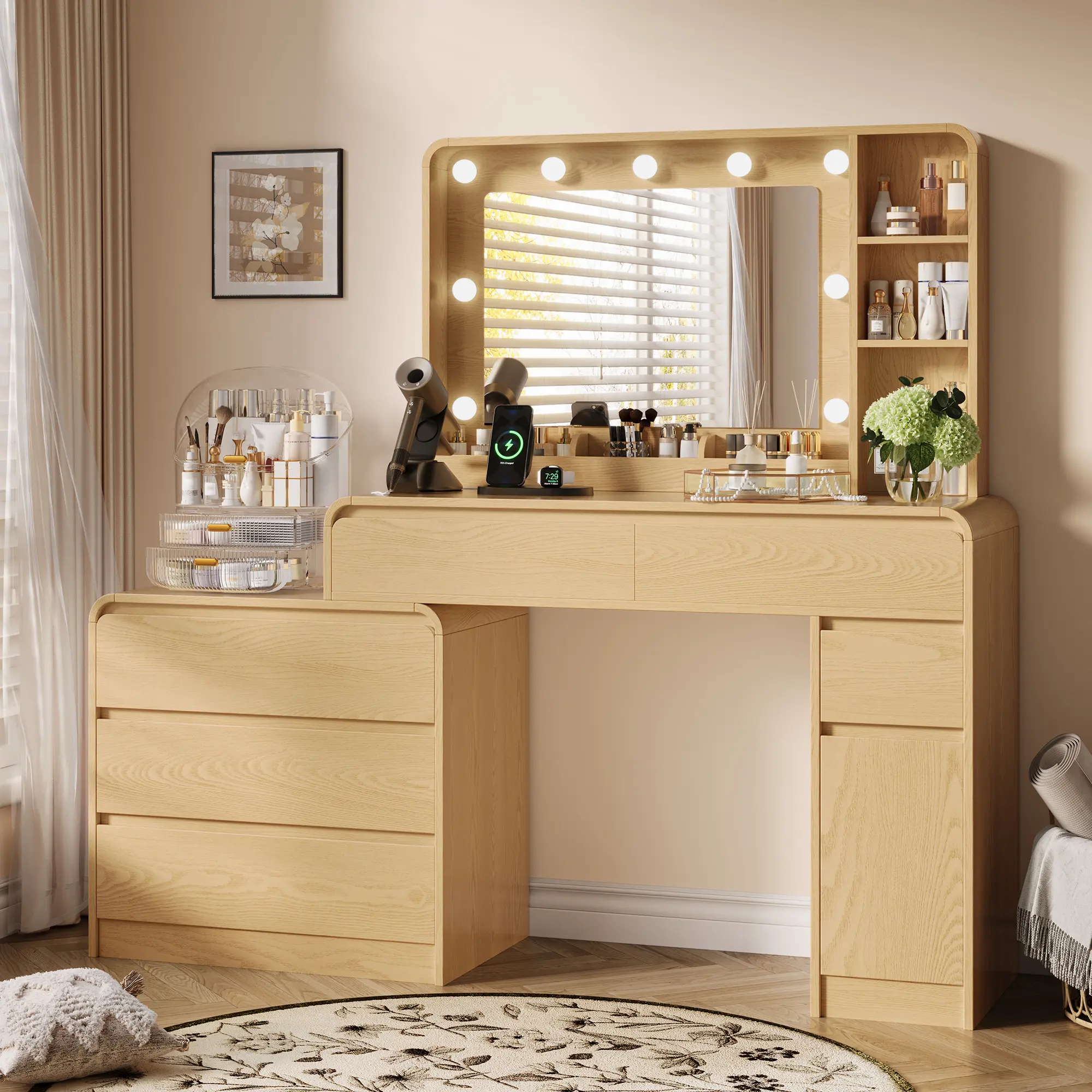 TOKSOM Makeup Vanity Desk with Mirror and Lights,Vanity Desk with 7 Drawers & Storage Shelves,Vanity Table with Power Outlet,3 Color Modes & Adjustable Brightness Dressing Table,Bedroom,White/Black/Walnut/Natural
