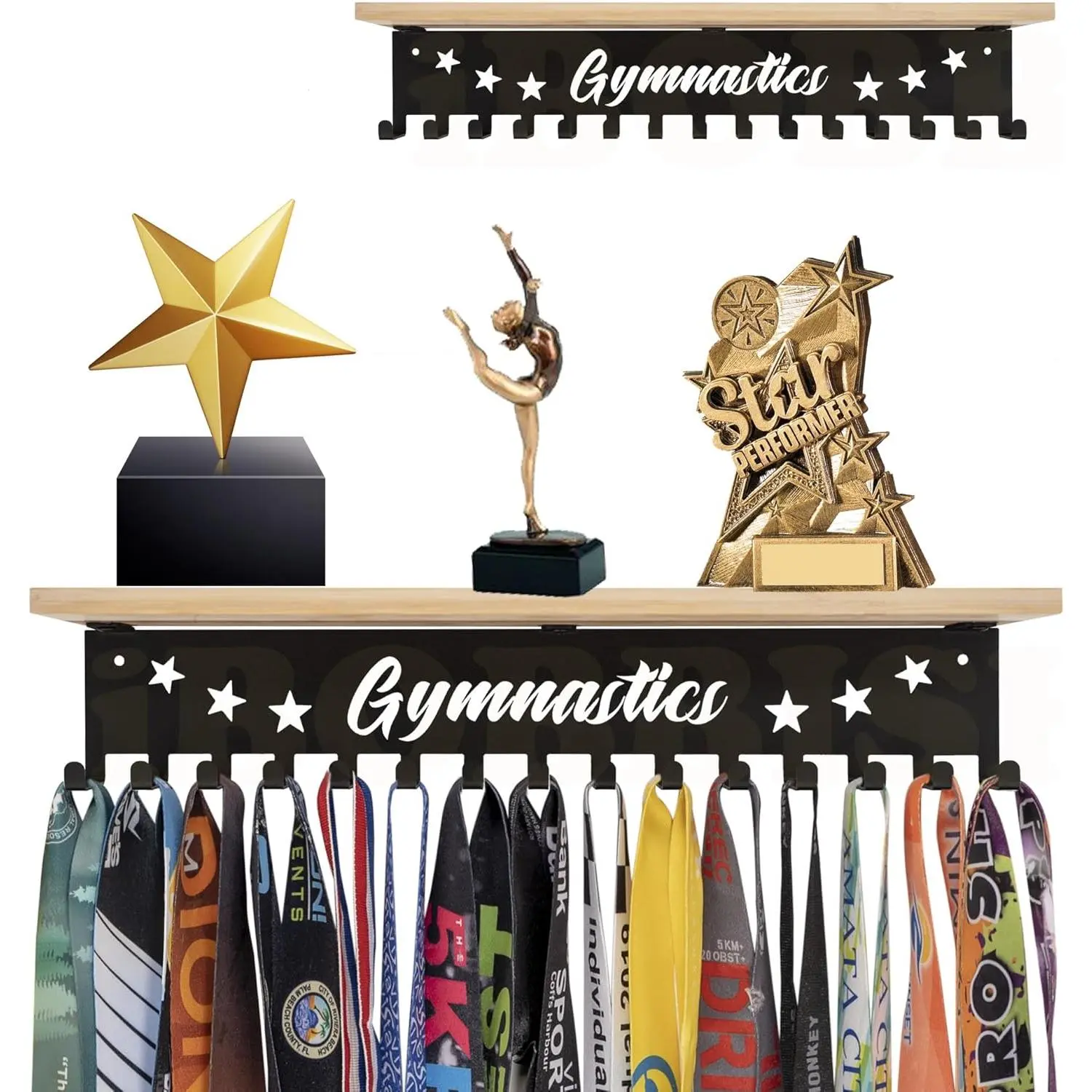 Trophy Shelf with Hooks for Medals - Metal Display Shelf for Wall Mount Ribbon Display, Trophy Shelves for Gymnastics, Soccer, Wrest,Running Race Medals Awards Rack,Trophy Award holder Upgraded