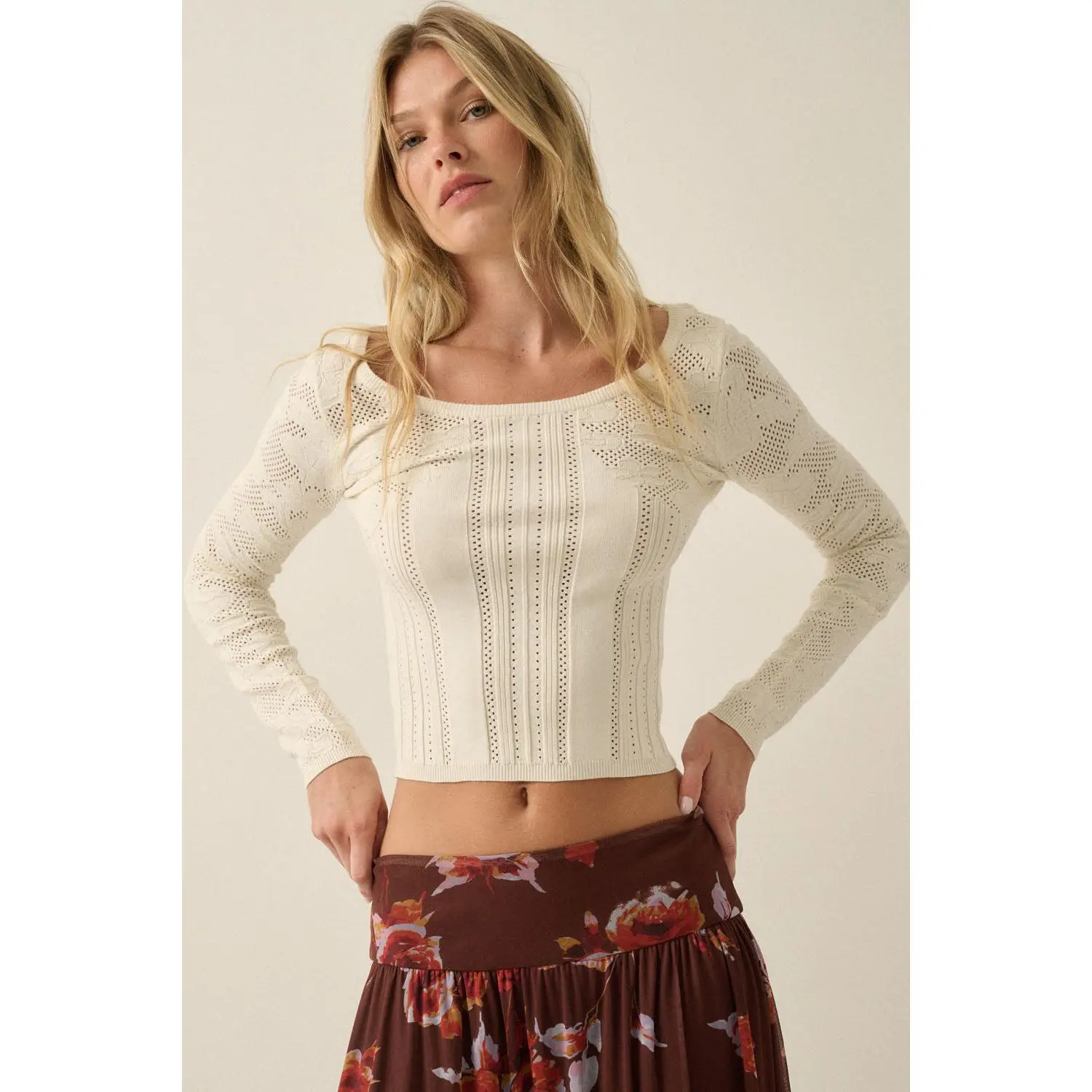 Floral Pointelle and Ribbed Knit Fitted Long-Sleeve Top: Cream