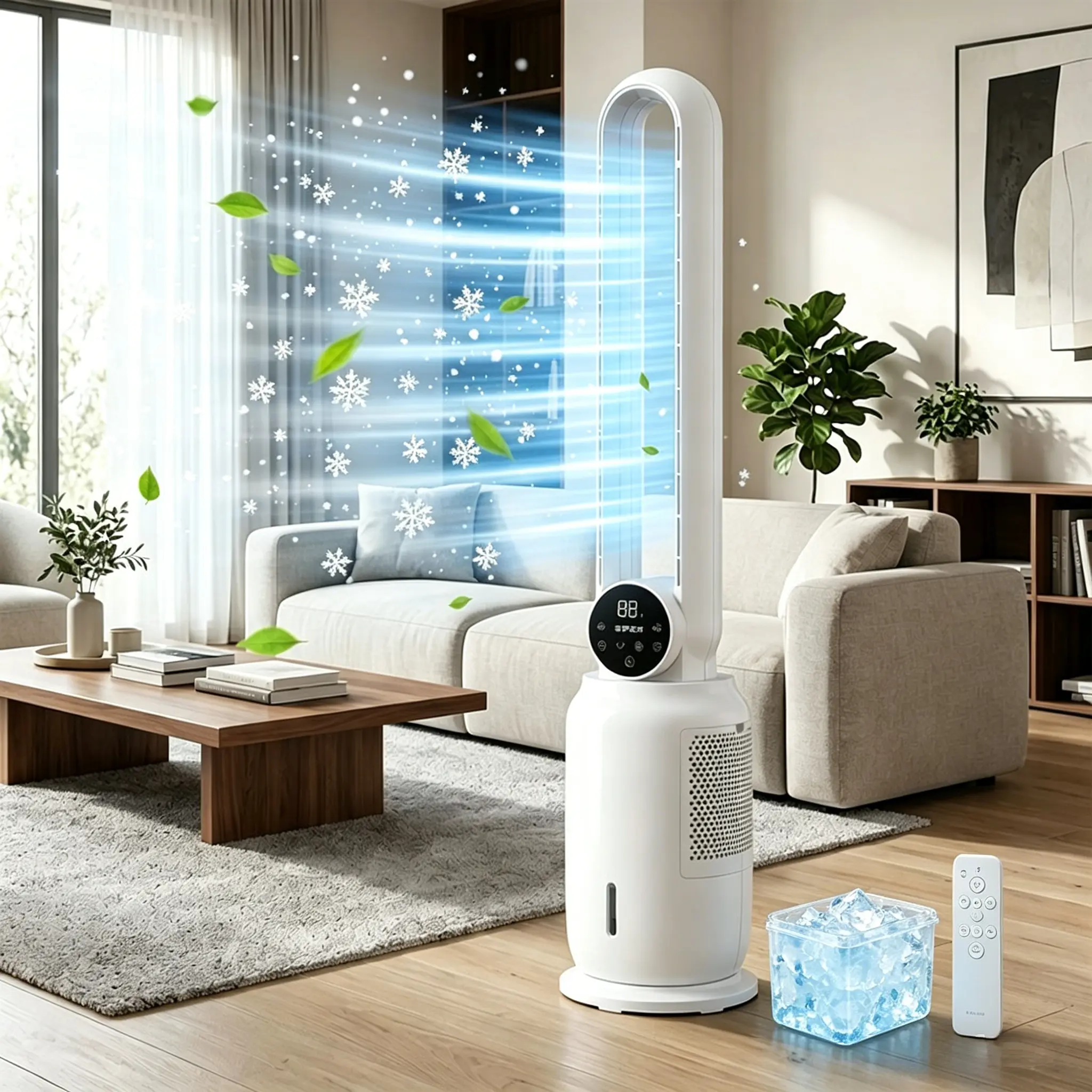 SPZTJK Bladeless Tower Fan & Evaporative Air Cooler. 65W Quiet 40° Oscillating Standing Fan with 2 Litre Tank & Remote. Air Purifier & 12H Timer. Energy Saving Stylish Modern Decor for Kids Room, Bedroom & Living Room.