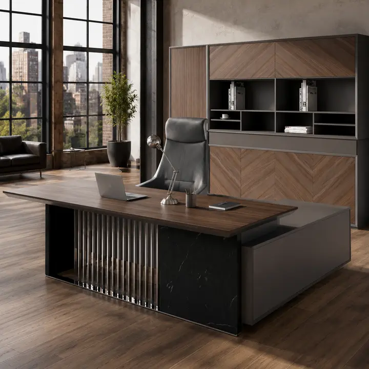 SAINTCY W601 Chicago Industrial Executive Office Desk - Large Luxury Computer Table with Side Cabinet