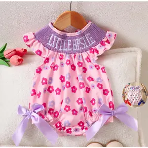 Baby Girl Bodysuit Floral Print Smocked Bodysuit with Bowknots, Cute Infant Short-Sleeve One-Piece for 0-18M Newborn Girls FT103201