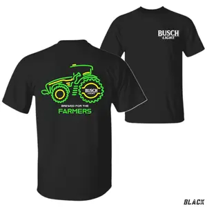 Busch Light Brewed For The Farmers Graphic T-Shirt, Neon Tractor Design With Logo On Back And Chest Print, Black Unisex Country Beer Lover Tee, Top Menswear Streetwear Casual