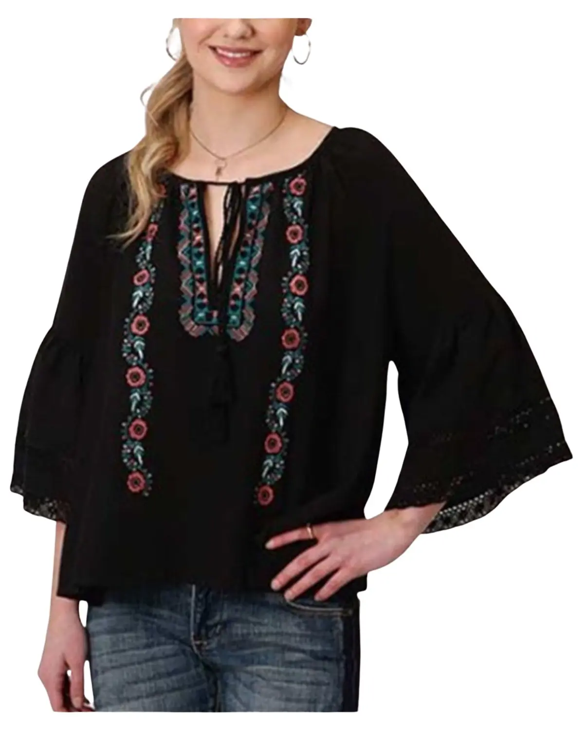 Women's Women'S Bell Sleeve Embroidered Peasant Blouse - 03-050-0565-0191 Bl