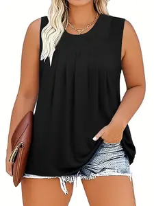 New Plus Size Women's Solid Color Loose Fit Round Neck Lace Trim Sleeveless Top, Casual Fashion Elegance Basic T-Shirt for Everyday Wear