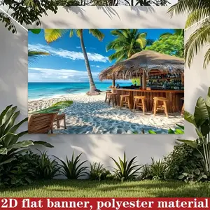 2D Flat 1PC Polyester Tropical Tiki Beach Bar Backdrop Banner, Ocean Seaside Coconut Palm Summer Vacation Photography Background, Indoor Outdoor Use, Ideal For Hawaii Luau Beach Party, Summer Pool Gathering, Coastal Themed Event, Restaurant Wall Decor