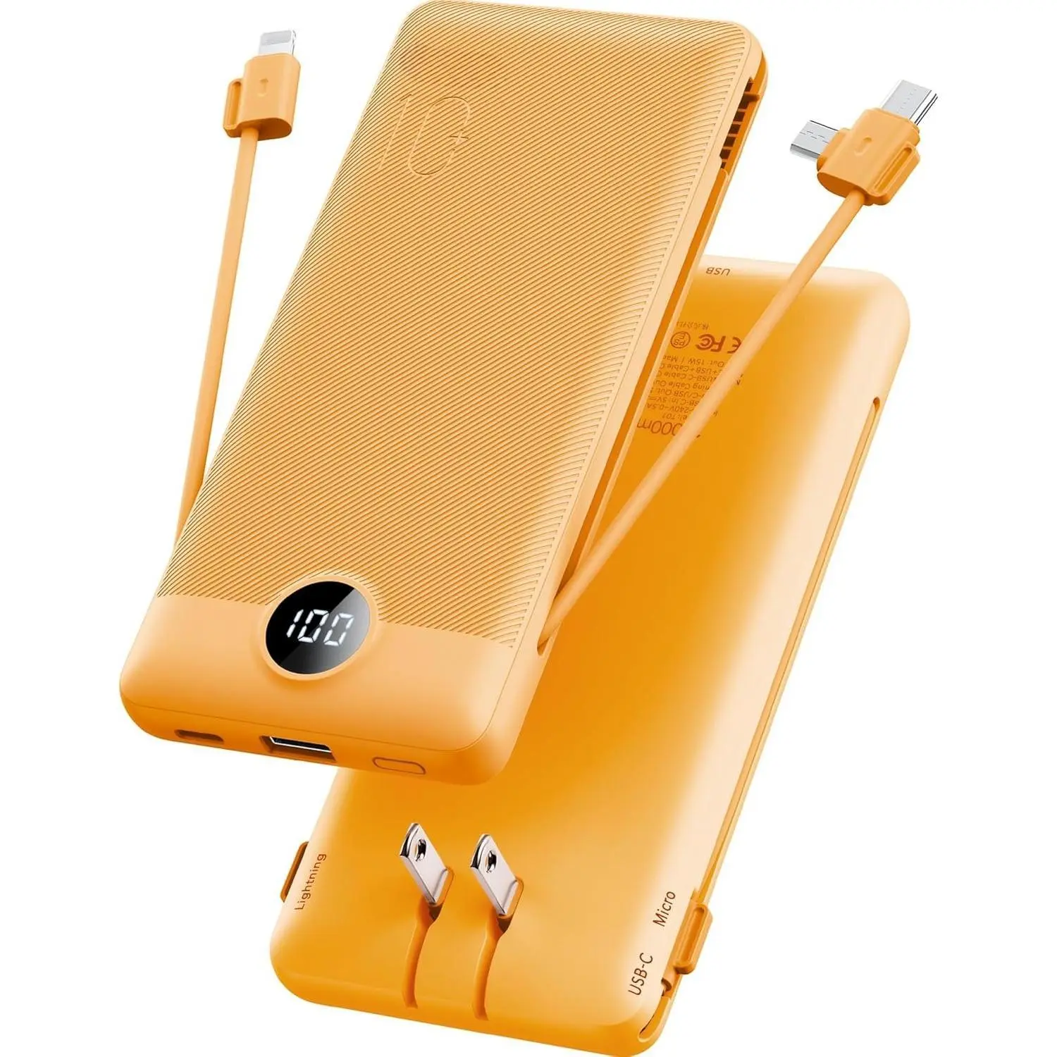 GJ F-MPP10 10000mAh Micro Plug Portable Charger with Built-in Cables, Built-in Wall Charger, Multiple Ports, USB-C Power Bank for Mobile Devices, Compact Lightweight 5-Hour Charging Travel Battery with Digital Display (Orange) - Phone Accessories