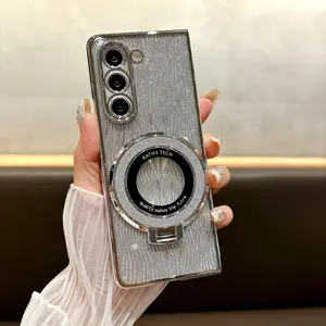 Ring Electroplate Sparkling Phone Case for Samsung Galaxy Z Fold 7 6 5 4 3 Fold6 Fold5 Fold4 Fold3 Magnetic Shockproof  Cover