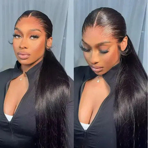 Bling Hair 360 Full Lace Wigs Human Hair Transparent Straight 13x4 Lace Front Wigs For Black Women 180% Density Natural Color Makeup Sponges