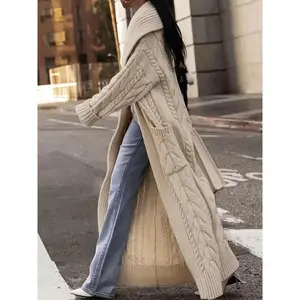 THE HANDY HIVE Knitted Sweater Thick Cable Knit Large Collar Long Cardigan Sweater Coat for Spring, Autumn, and Winter Knitwear Tops