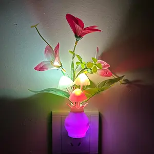 Plug-in Night Light with Auto Light Sensor, RGB LED Mushroom Night Light Wall Based Flower Lamp 1W Energy Efficient  Nightlight for  Room, Bedroom, , Lounge, Hallway and Stairs